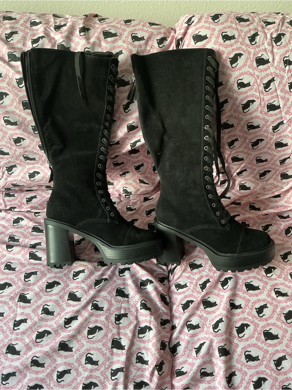 JustFab Black Lace-Up Platform Knee-High Boots